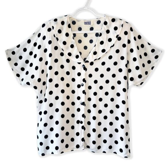 Vintage Tops - ***SOLD*** Vintage 70s Polka Dot Blouse - White & Black, Short Sleeve Button-Up